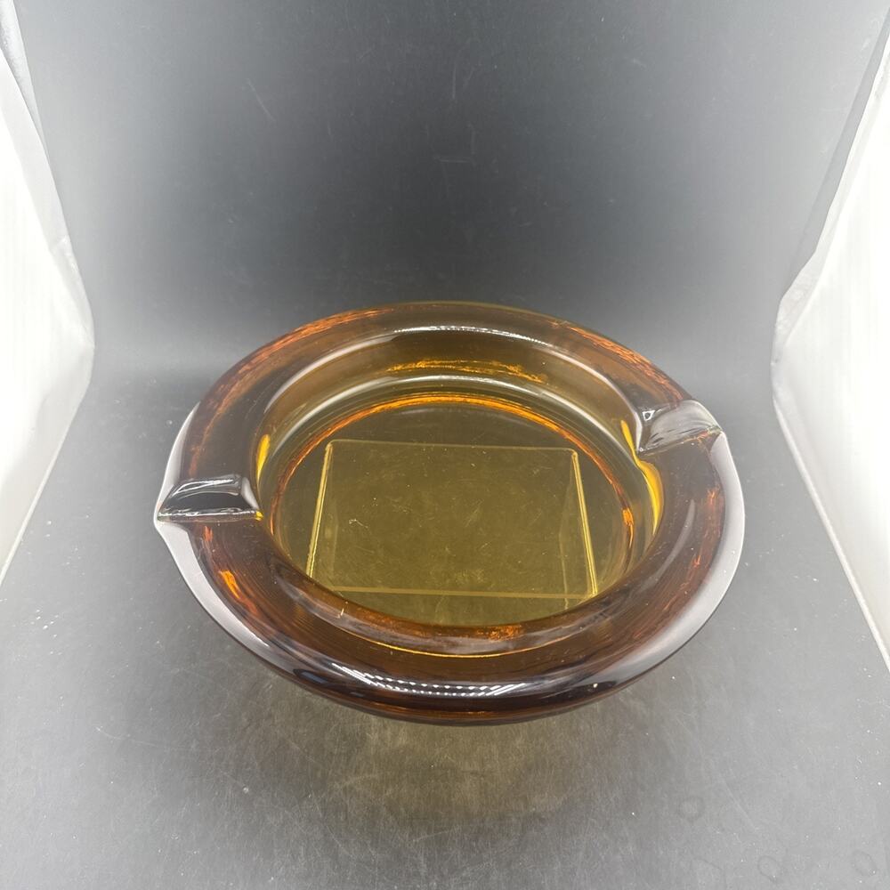 XL Vintage Amber Glass Cigar Ashtray Heavy Thick MCM 8” Mid Century Round